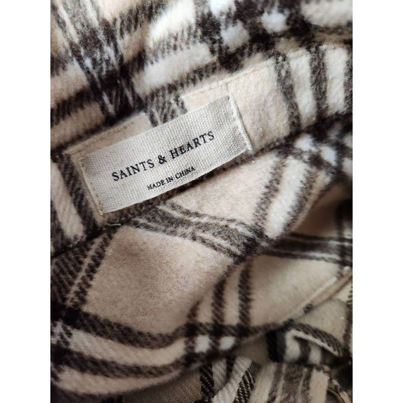 Saints & Hearts Womens Blouse Beige Black Plaid Button Long Sleeve Boyfriend M‎ - Picture 5 of 6
